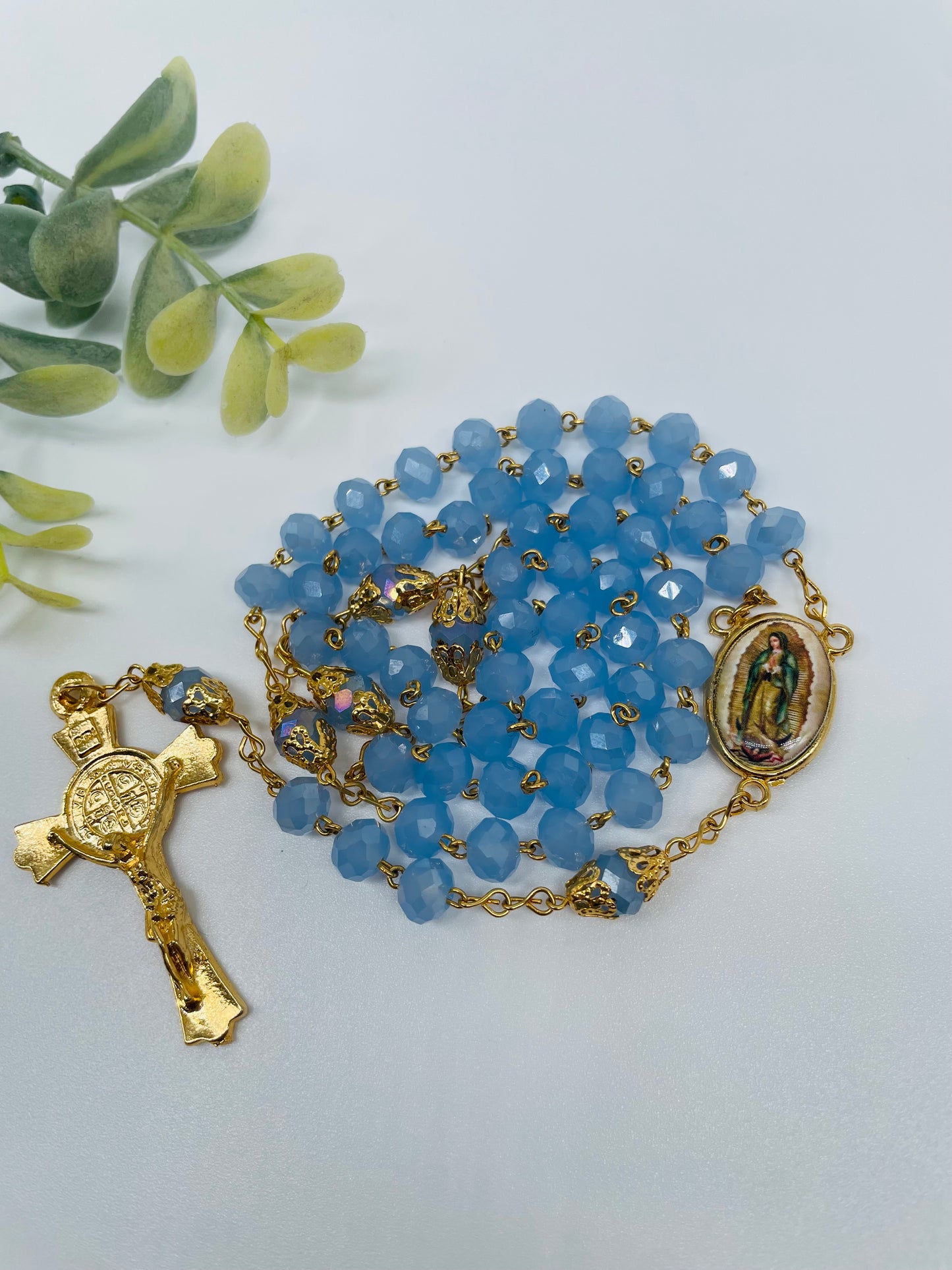 Our Lady of Guadalupe Gold Pleated Rosary with Blue Crystal Beads and Crucifix
