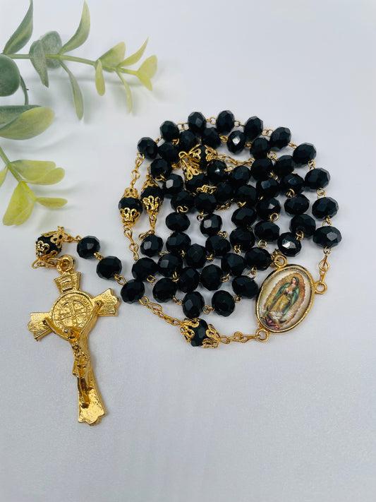 Our Lady of Guadalupe Gold Pleated Crystal Rosary with Black Beads and Crucifix