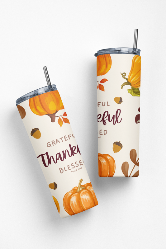 Thankful Grateful Blessed Insulated 20oz Stainless Steel Fall Edition Tumbler