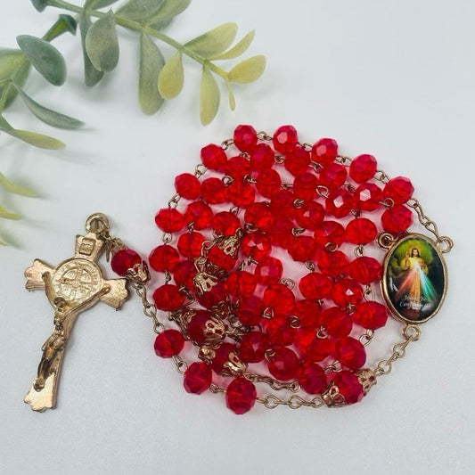 Divine Mercy Gold Pleated Rosary with Red Crystal Beads and Crucifix