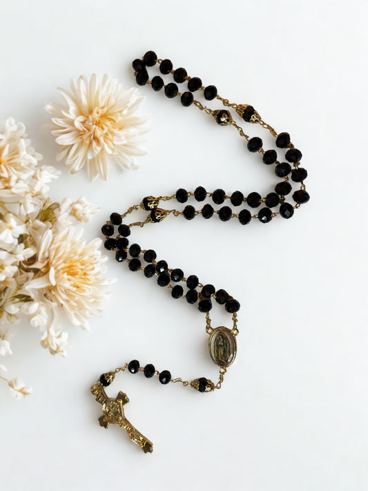 Our Lady of Guadalupe Gold Pleated Crystal Rosary with Black Beads and Crucifix