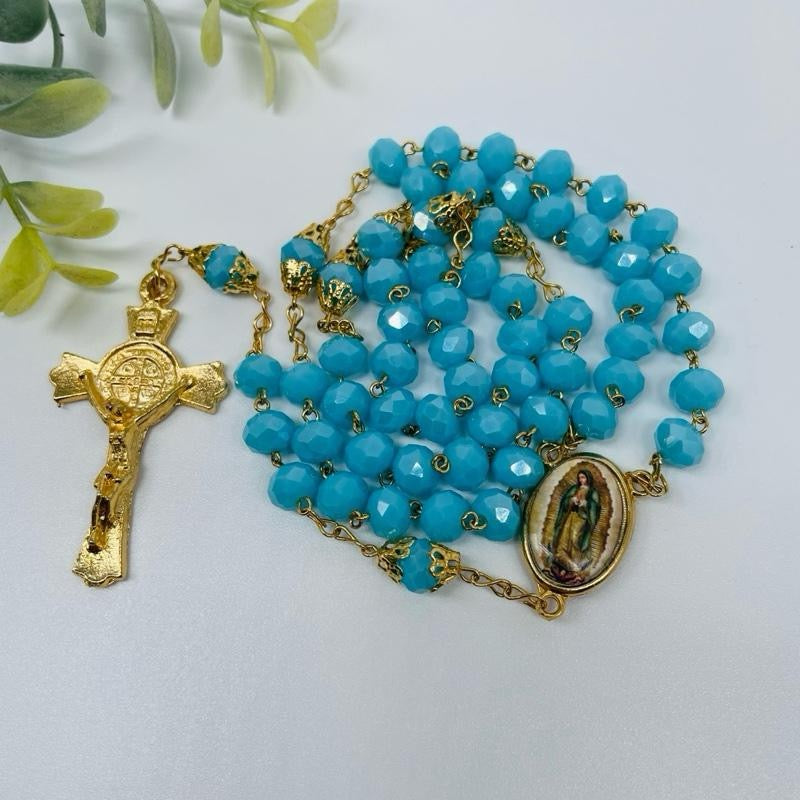 Our Lady of Guadalupe Gold Pleated Rosary With Turquoise Crystal Beads and Crucifix
