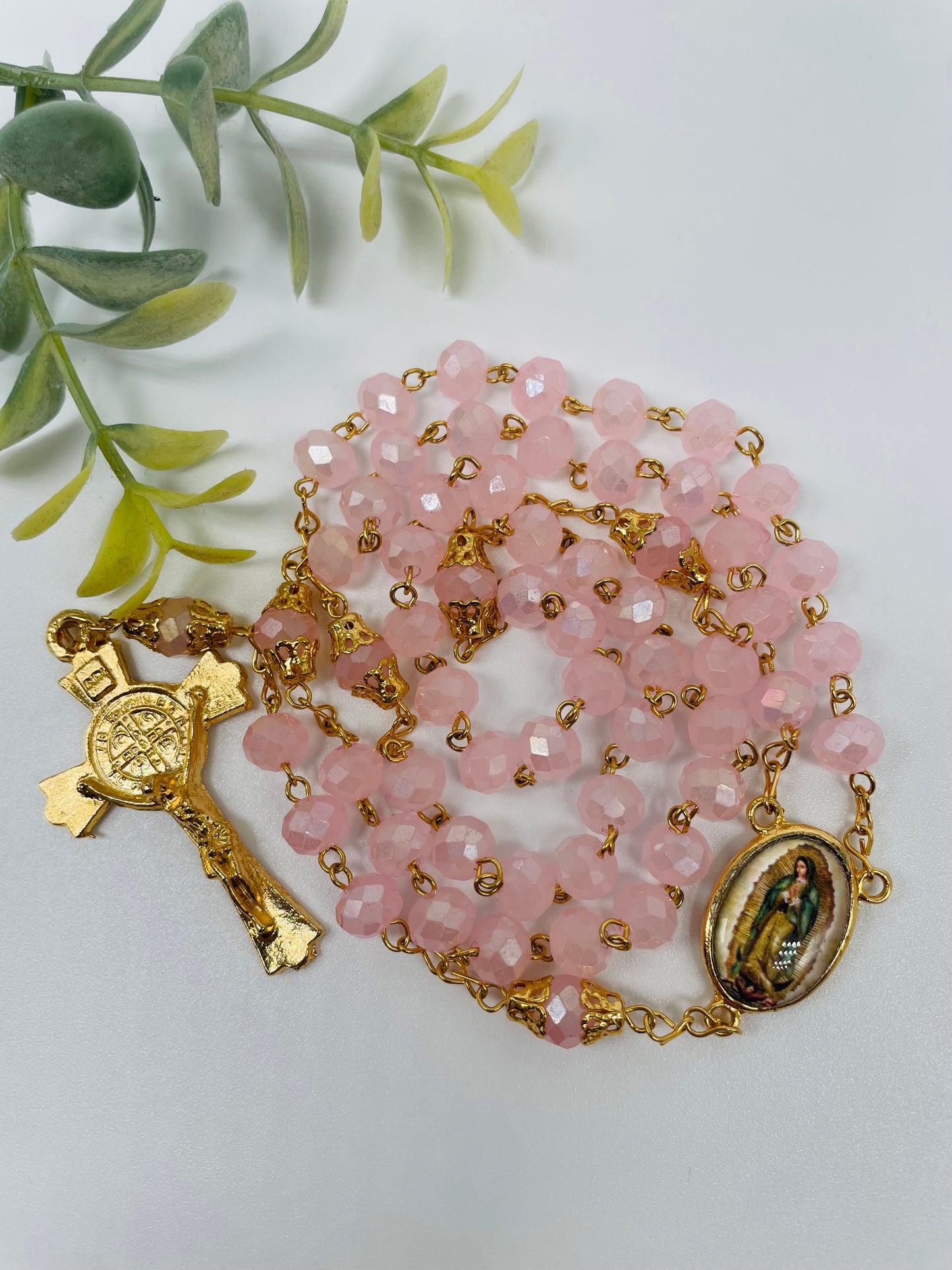 Our Lady of Guadalupe Gold Pleated Rosary with Light Pink Crystal Beads and Crucifix