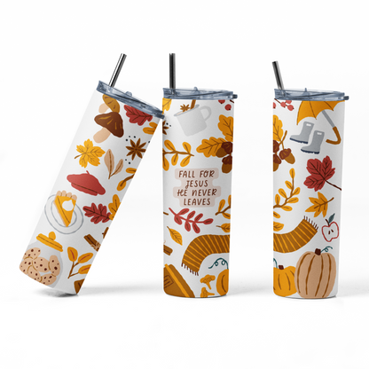 Fall for Jesus He Never Leaves Insulated 20oz Stainless Steel Fall Edition Tumbler