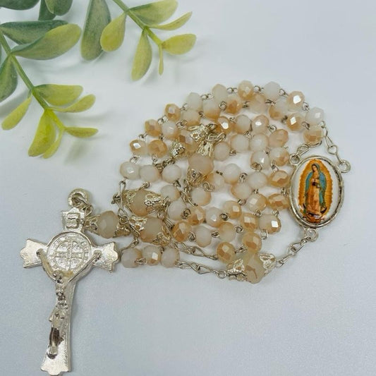 Our Lady of Guadalupe Rosary with Ivory Crystal Beads and Crucifix
