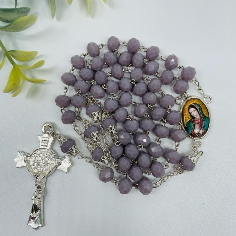 Our Lady of Guadalupe Silver Tone Rosary with Purple Crystal Beads and Crucifix