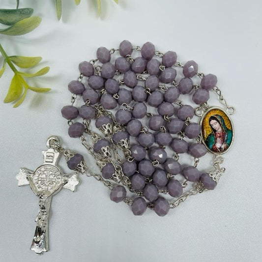 Our Lady of Guadalupe Silver Tone Rosary with Purple Crystal Beads and Crucifix