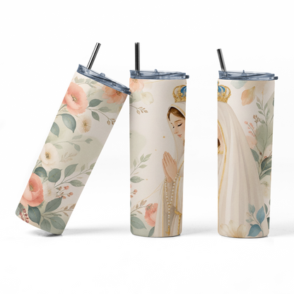 Diseño Floral de Nuestra Señora de Fátima Stainless Steel Insulated 20oz Skinny Tumbler