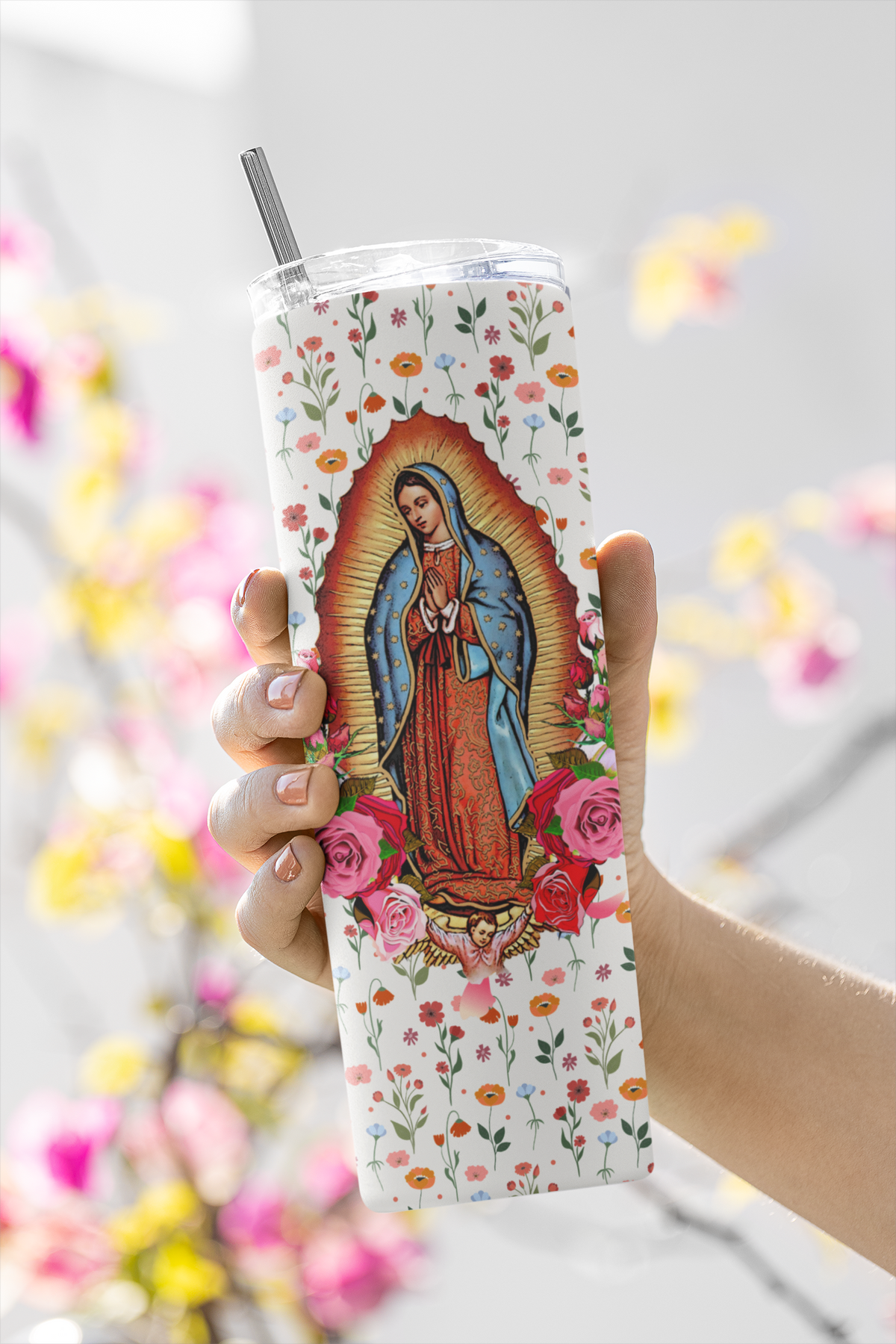 Our Lady of Guadalupe Floral Stainless Steel Insulated 20oz Skinny Tumbler